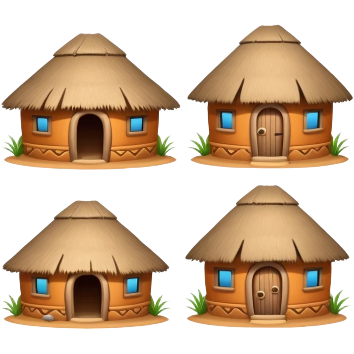 4 different African mud hut tribal houses, each unique, round adobe clay huts, thatched roofs, colorful tribal decorations, mobile game icon style, 3D cartoon, clean background, consistent lighting, consistent proportions emoji