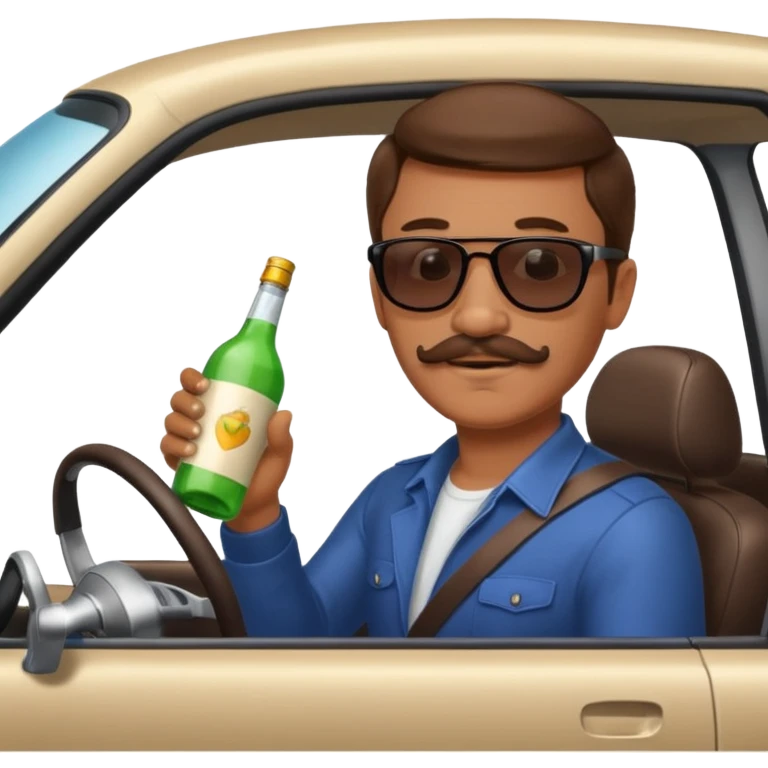 Guy with brown hair and mustache driving car with bottle in hand  emoji
