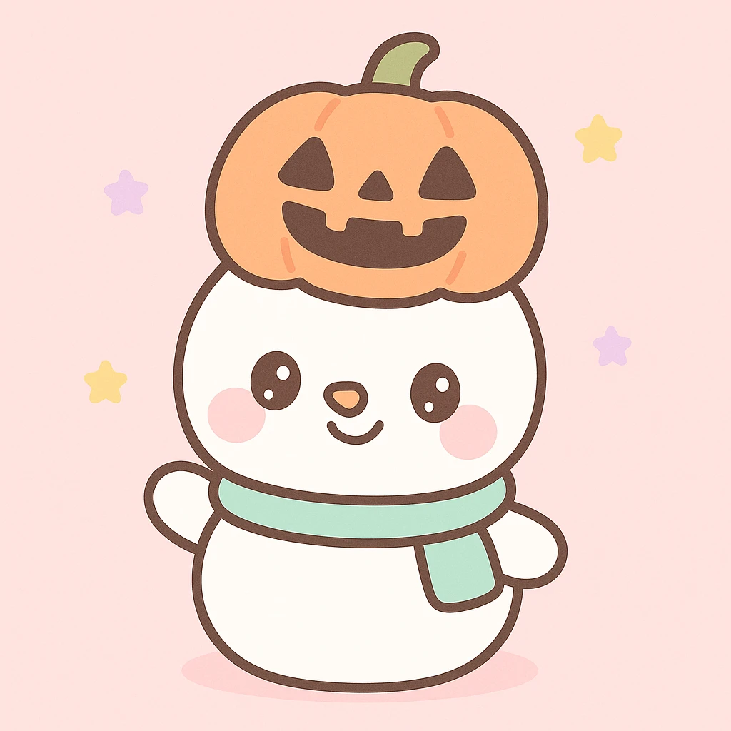 cute snowman with a carved pumpkin on its head, kawaii style emoji