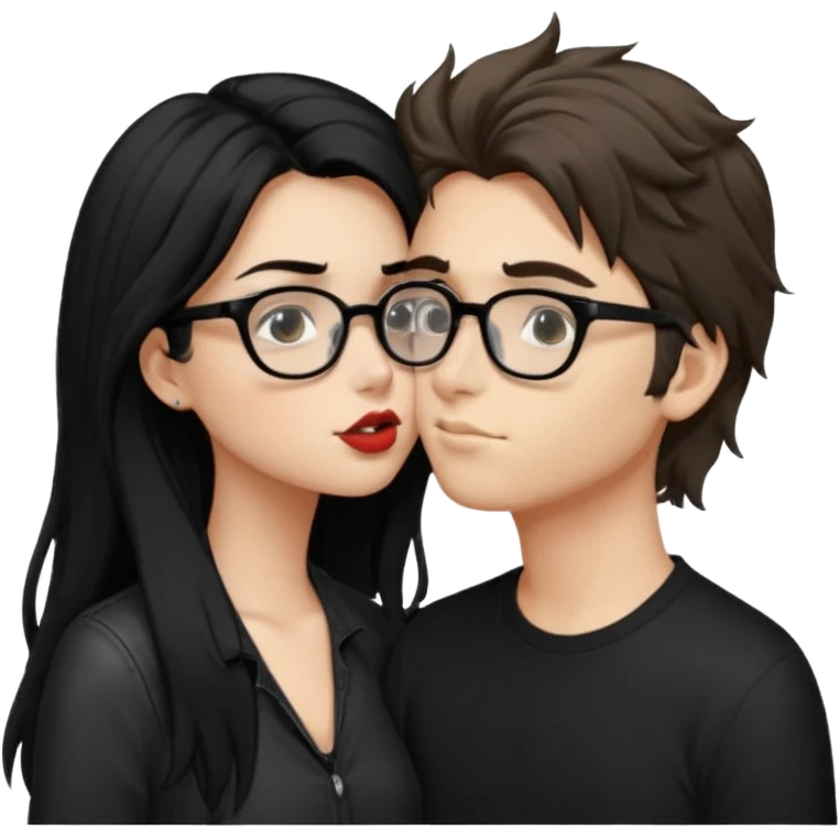 Un garçon avec les cheveux brin très clair ébouriffés, qui embrasse une fille avec les cheveux noir long et lisse , qui a des traits d’eye-liner et des lunettes noir avec un piercing au nez emoji