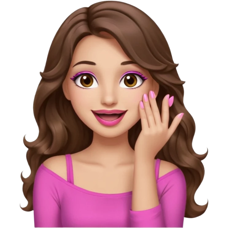 girl with long wavy brown hair, brown eyes, long lashes makeup, pink lips, light to medium complexion, pink sexy top, smiling, hand covering the mouth, giggling emoji