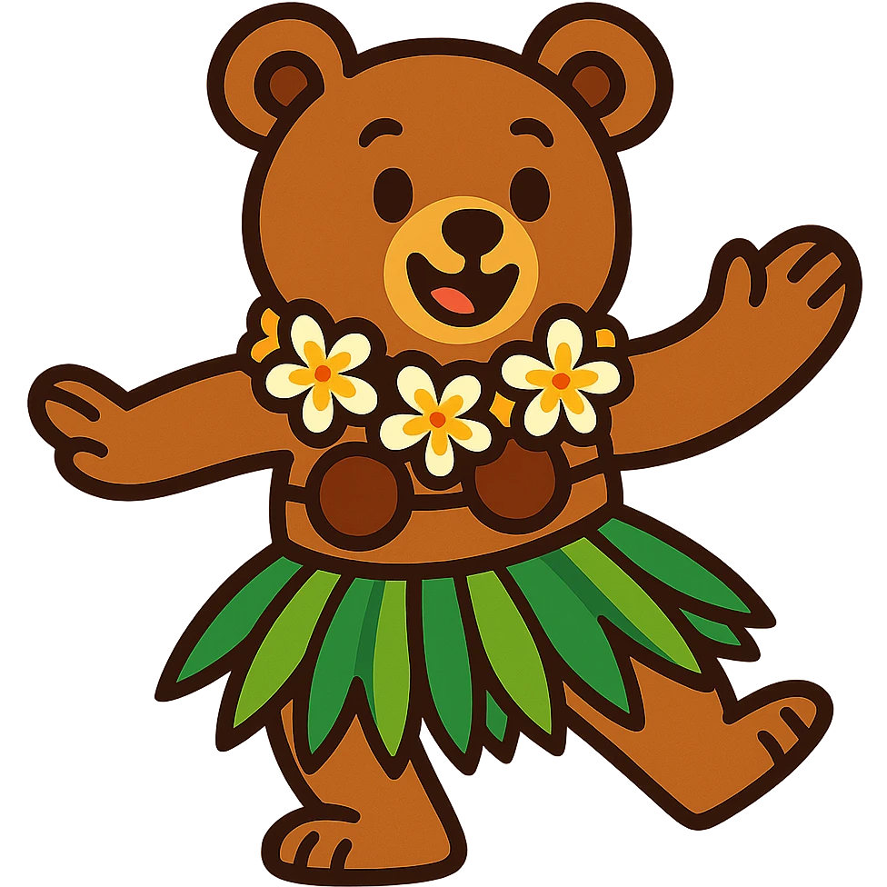 brown teddy bear wearing a coconut bra and plumeria lei, doing the hula emoji