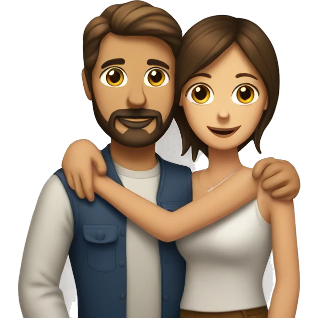 A brunette women and a brunette man with a beard hugging a beagle emoji