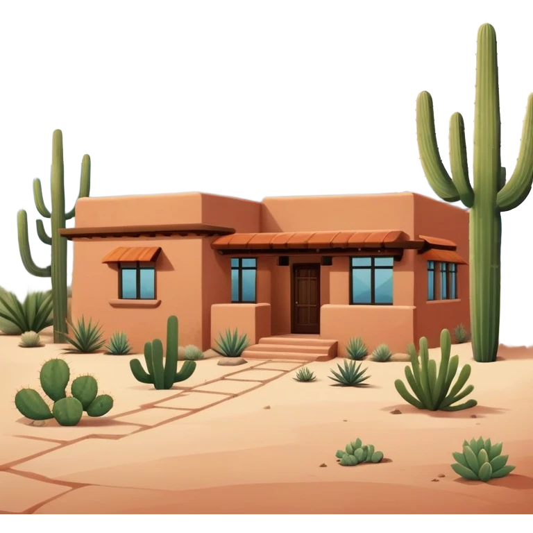 Tucson style house with adobe walls, flat roof, southwestern architecture, desert landscaping, cactus emoji