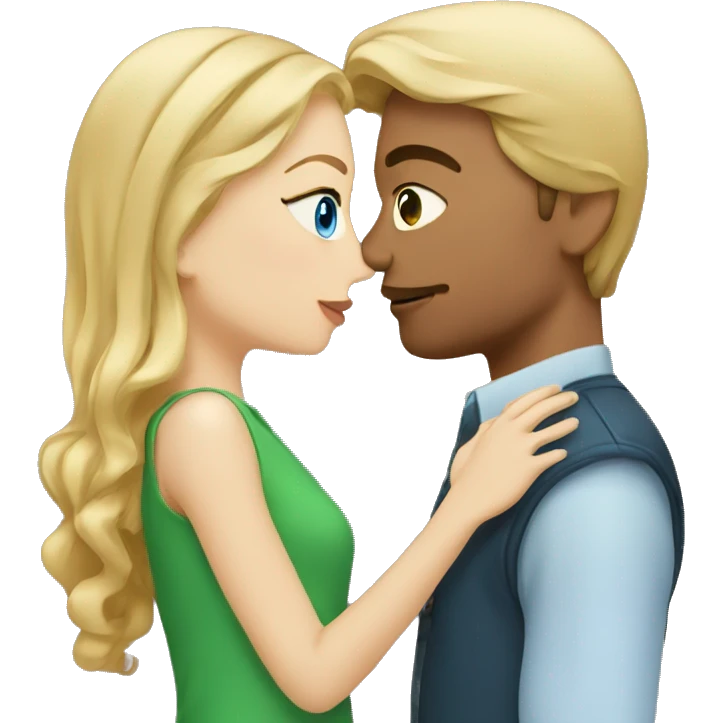 Man with blue eyes and blonde hair, kissing a girl with green eyes and brown hair  emoji