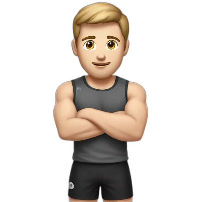 Close up Actively gesturing  with hands Pale skinned Fit Man With the biceps and brown hair in dark gray Sleeveless Mike, black oversize sports shorts, watch and white Sneakers emoji