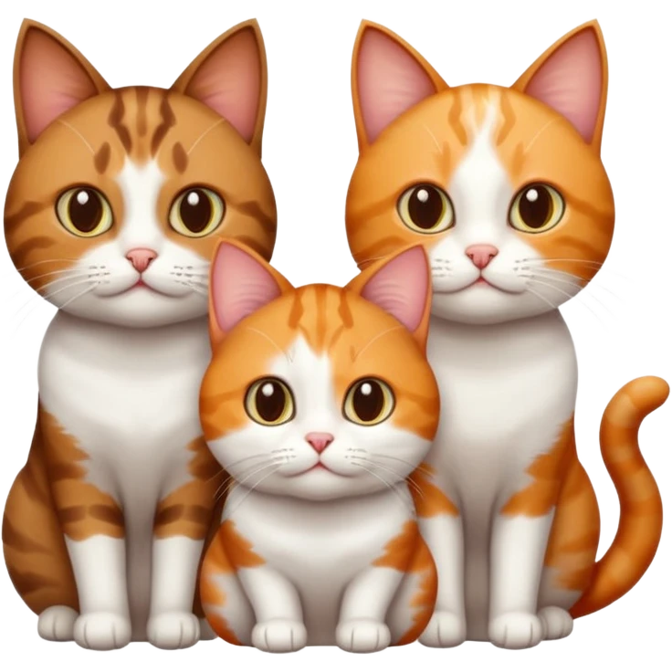 3 cats and each are different natural colours; brown tabby and white, calico, and ginger and white emoji
