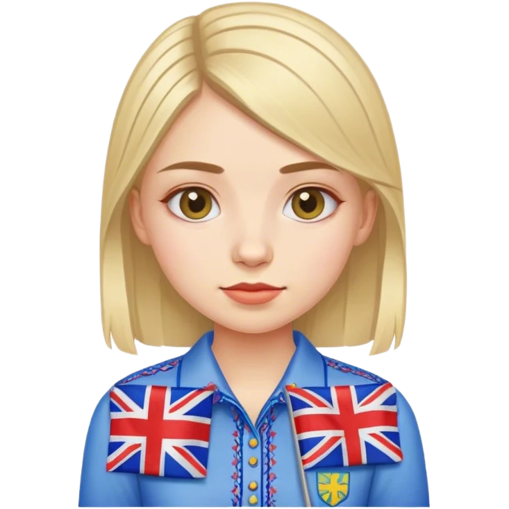 A Ukrainian girl wearing an embroidered shirt holds a British flag emoji