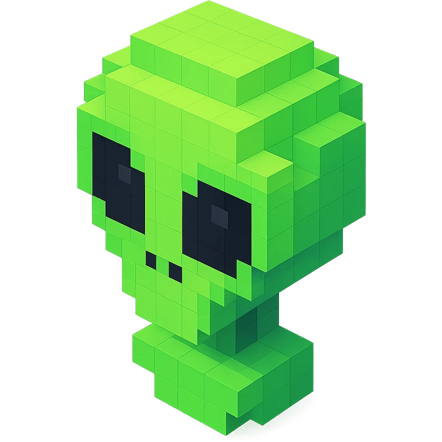 alien with classic green skin and big black eyes, isometric view emoji
