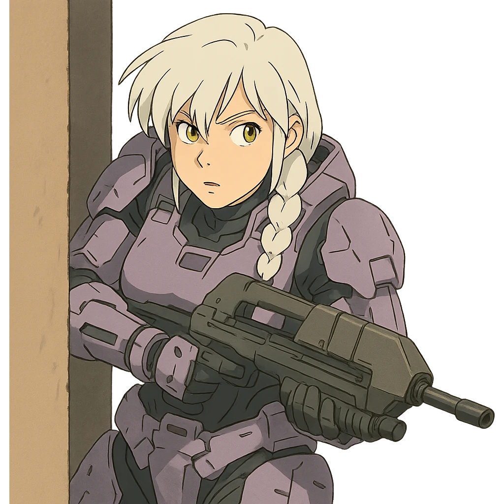 female, wearing reach spartan armor default, long white braid hair with massive messy front side single bangs, gold yellow eyes, attention pose, HALO:series, no helmet, the armor is lavender color scheme, shoulder pad off. DDD bust size fitting. Punk gothic cyberpunk, peeking around a corner while aiming a classic HALO1 AR emoji