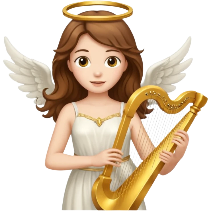 Female angel holding harp with flowing brown hair emoji