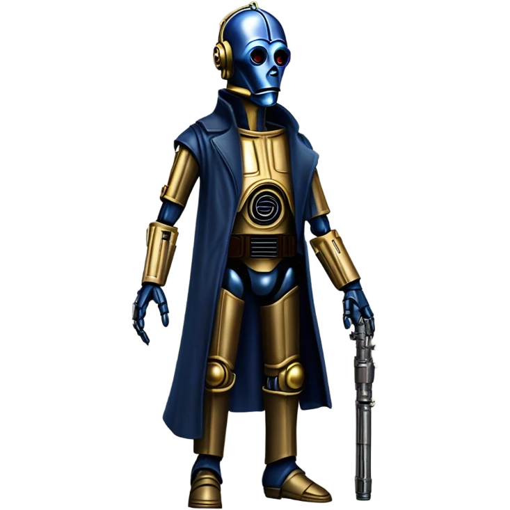 well-equipped jedi first order human-sized darkblue-pearl C3po as a friendly bounty hunter droid wearing a leather attire old west duster coat holding light saber ready to fight but relaxed. antiqued emoji