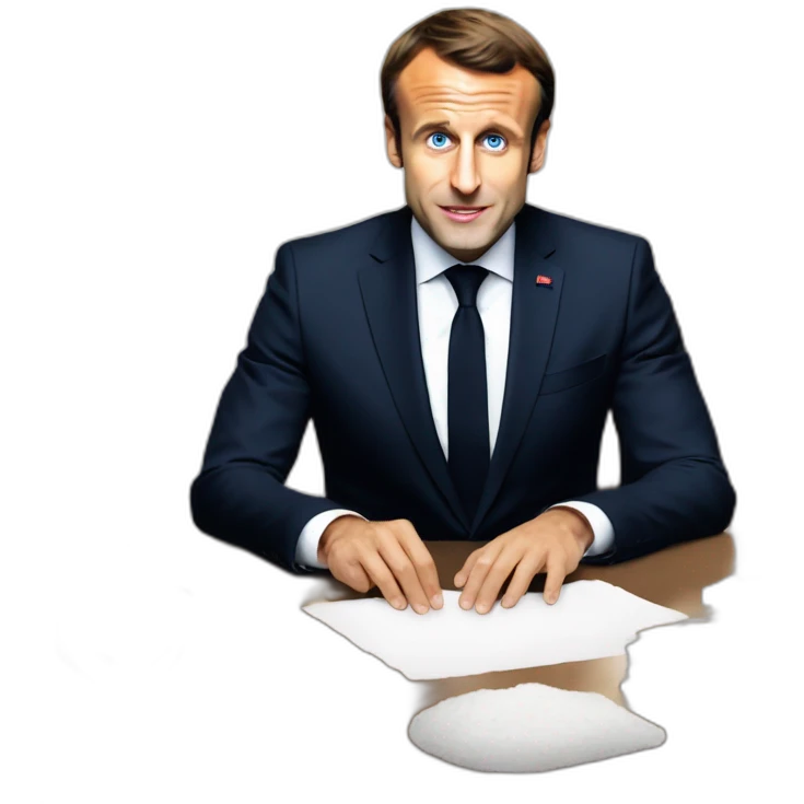 Emmanuel Macron in front of his desk, he has a little flour on his nose, there is a pile of white flour on the desk, and his taste buds are dilated emoji