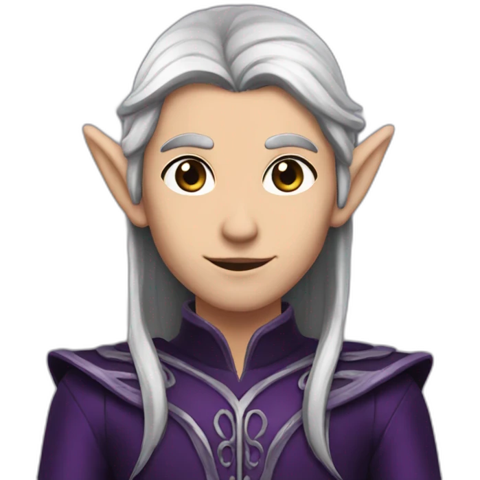 tall elf, long dark brown hair / eyebrows, wearing dark black & purple and silver outfit  emoji