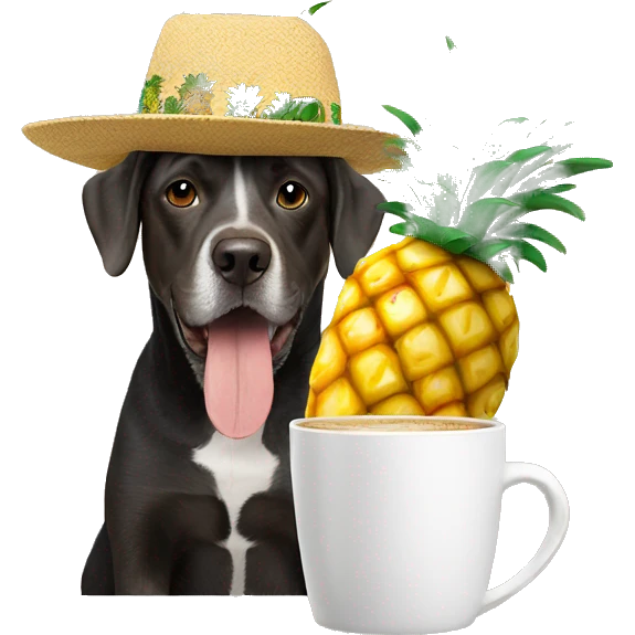 Dog wearing a hat with pineapples on it and a coffee cup  emoji