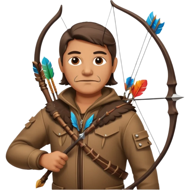 A classic middle-aged hunter with a bow and arrow on his back, dressed in brown clothes and decorated with feathers or bone teeth emoji