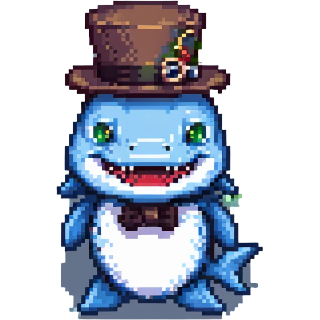 A pixel art style image of a shark wearing a top hat and a monocle. emoji