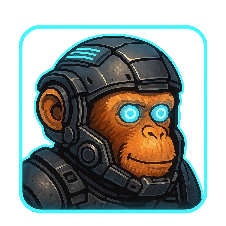 the image is the icon for a videogame insta-use item, it is armor [open face combat helmet] - futuristic cyberpunk -ready to equip-  it is master craftsmanship [ unequipped item ], except it's the monkey from the "neuron activation" meme emoji