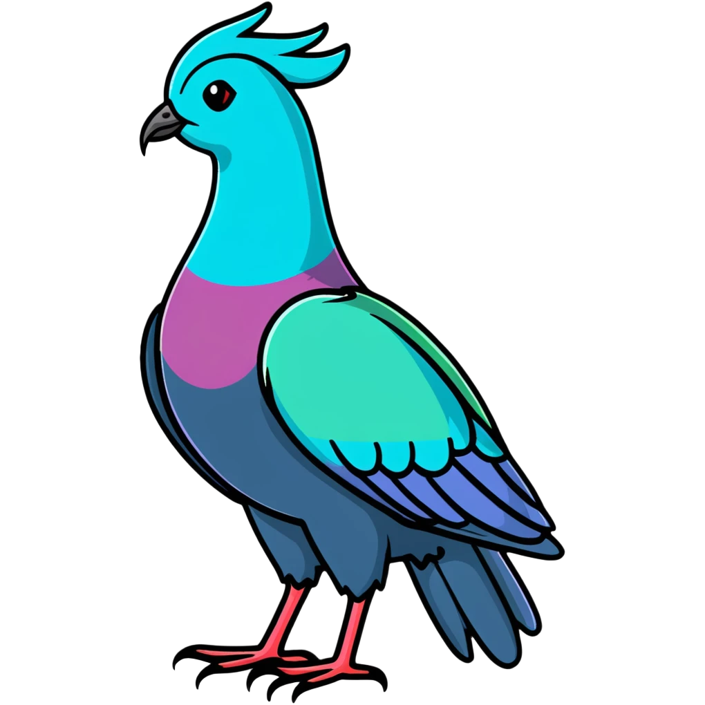 Nicobar pigeon with colorful iridescent plumage, distinctive long neck feathers, and white tail emoji