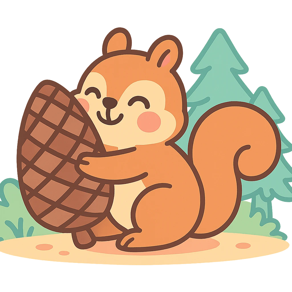squirrel hugging a giant pine cone, forest kawaii illustration, pastel-toon style emoji