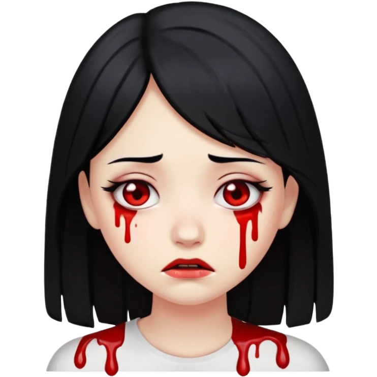 pale girl with black hair, blood tears, sad expression, emoji style emoji