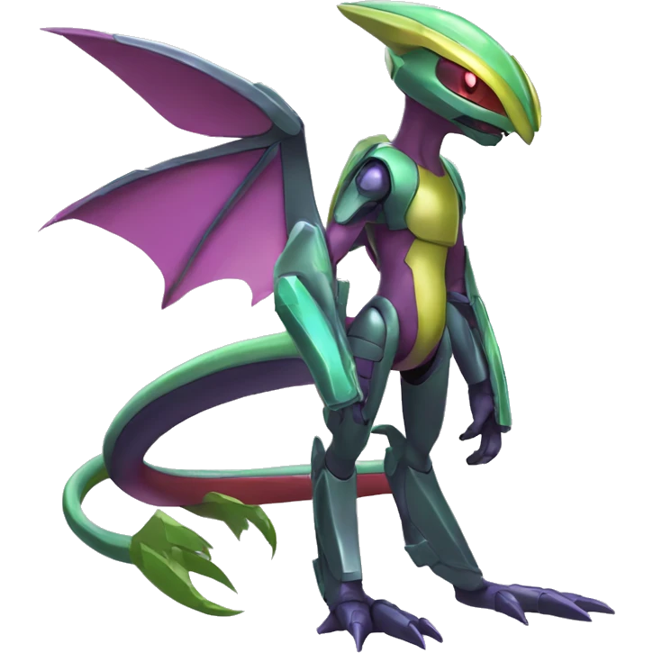 a shiny Genesect-Flygon-Raptor-Fakémon—hybrid with a futuristic visor-helmet full body emoji