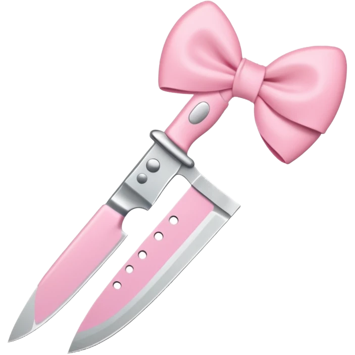Cute emoji style illustration of a kitchen knife with a pink bow tied directly around the handle of the knife, not floating, not separate, kawaii style, rounded shapes, pastel colors, friendly look, flat vector design, white or transparent background, simple emoji icon emoji