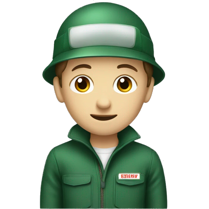 A BOY WEARING DARK GREEN COVERALL WITH BROWN SAFETY HELME emoji