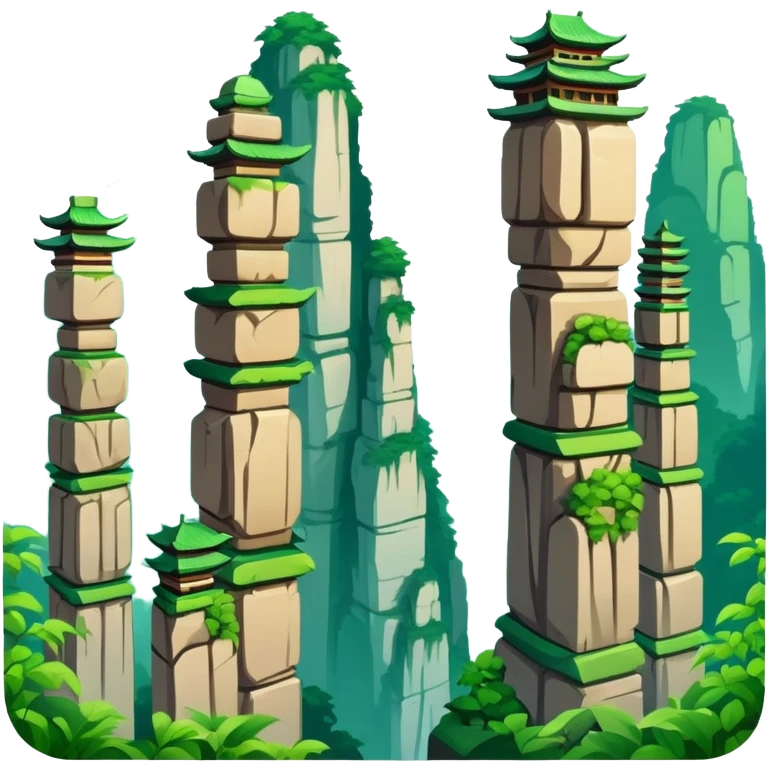 Zhangjiajie Avatar mountains, simplified emoji style with bold outlines and bright colors, cartoon style tall stone pillars with greenery emoji