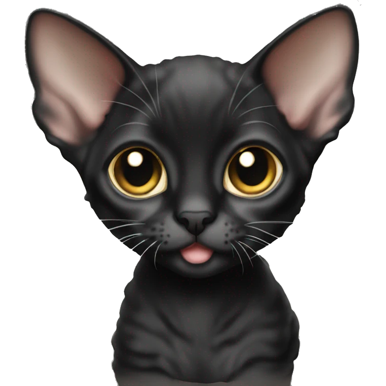 A small black kitten of the Devon Rex breed emoji