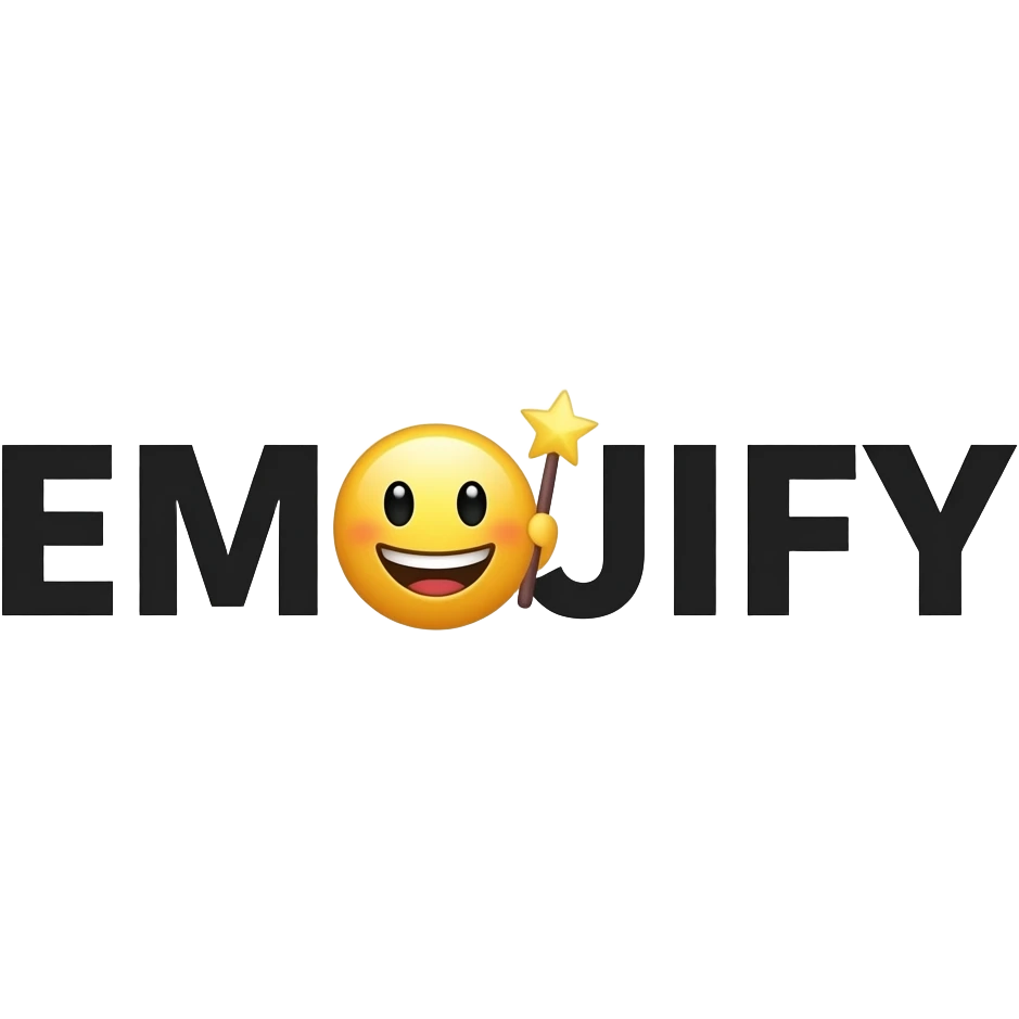 Black text "EMOJIFY" is stretched in height and width. Letter "O" is a smiley face with a magic wand. Transparent background. emoji