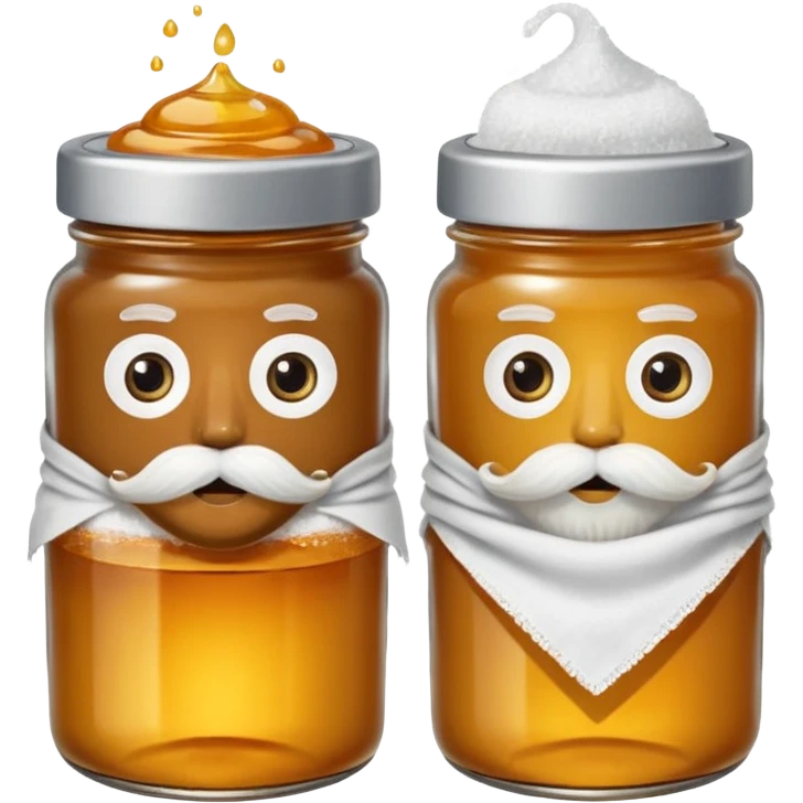 Garama and Madundung are together a gray container of salt and a honey container with a cloth on top. They each have eyes with white in the middle, a mouth, nose, and mustache both customary to their colors. They have hairy legs and emit an aura of salt (Garama), and honey (Madundung). emoji