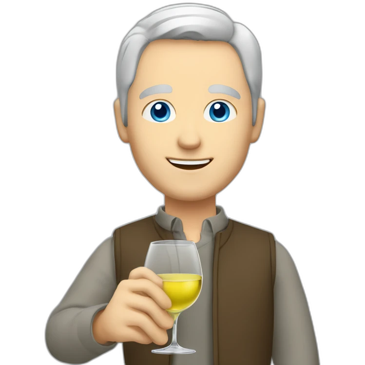 a caucasian man with blue eyes and short grey hair, toasting with a glass of white wine emoji