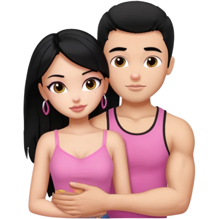 a pretty bratz fair girl. black hair, wearing a pink cami top, she is hugging a handsome fair guy with black hair. lean but muscular.the boy is wearing a black tshirt emoji