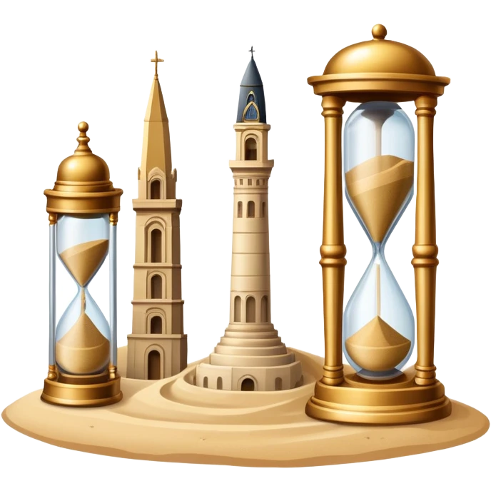 icon featuring ancient scrolls, quill pen with famous historical landmarks and monuments in the background. Large, antique sand clocks with sand pouring out represent the passage of time. Historical figures are depicted as statues. Transparent background. emoji