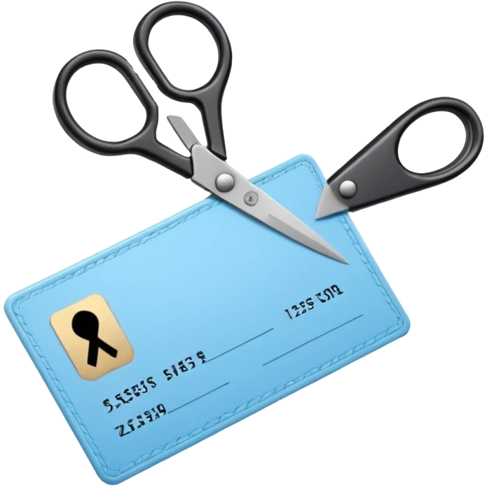 Floating black Scissors cutting a light blue military ID card in 2 parts .hyper realistic emoji