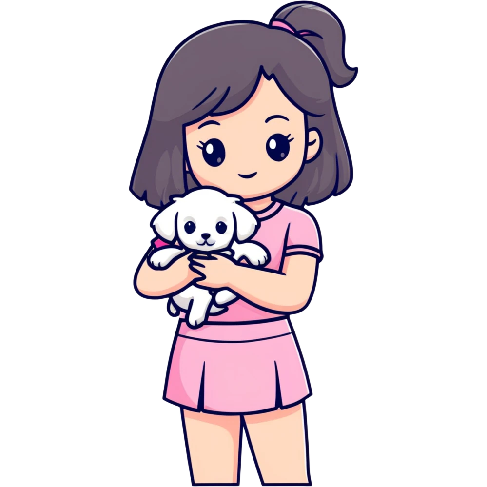 beautiful girl with long hair in pink top and skirt holding a small white Maltese puppy emoji