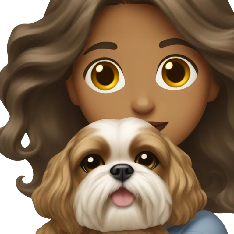 Young dark brunette medium kin hair woman with a golden shih tzu in her arms long wavy hair emoji