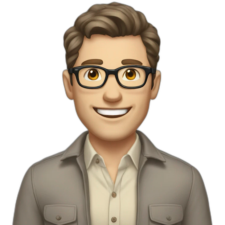 Joyful Pale skinned Fit Man With dark brown hair in gray jacket, beige office shirt, Brown pants and vintage glasses. His thrumbs up emoji