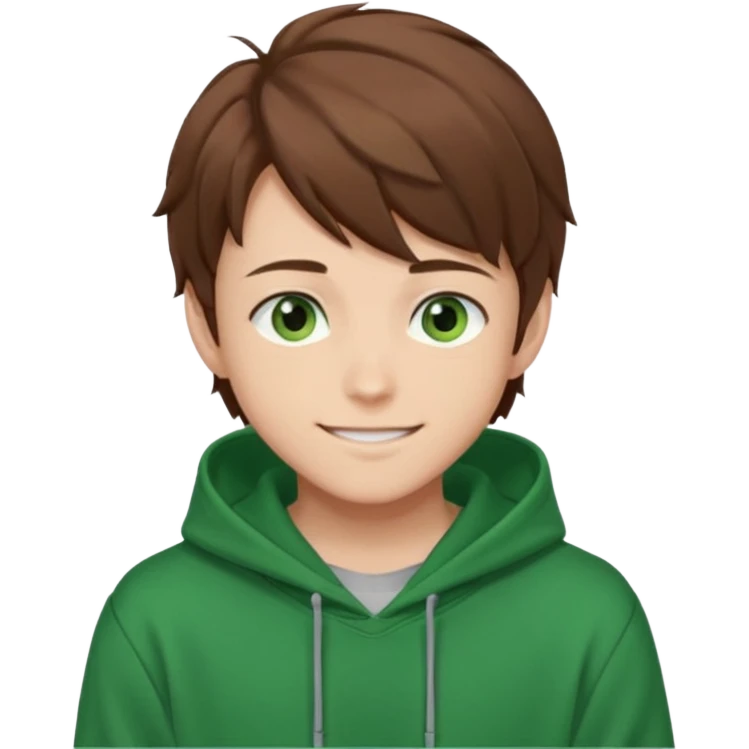 Anime teen boy with brown hair, green eyes, and a green hoodie, looking smiling slightly sideways positioned. 128px emoji