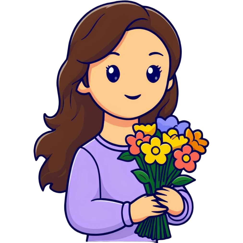 A cool girl with long brown hair and fair skin holding a bouquet of flowers emoji