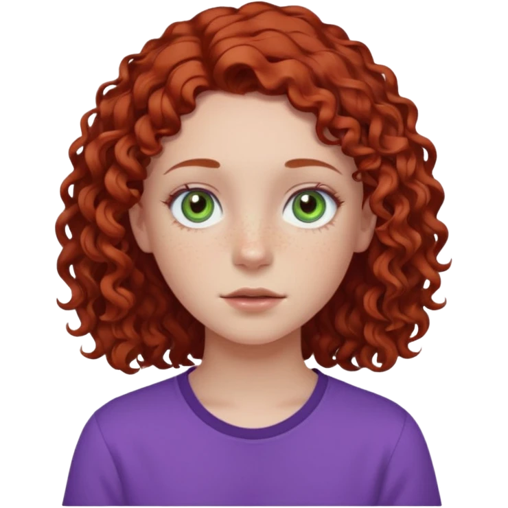 pale white teen girl with light blueish green eyes and freckles with brownish red curly middle part hair and purple shirt emoji