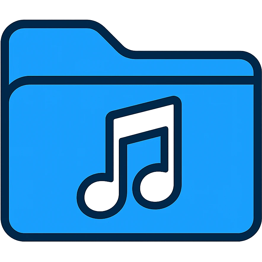 Create a music folder icon in the exact same style as the provided blue folder icon: bright blue color, thin black outline, minimal design, transparent background, no text, with a white music note on the folder. emoji