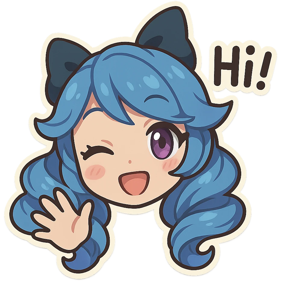 Gwen from League of Legends, chibi emote style, only head visible, right eye purple, welcoming hi expression, waving hand, eyes open, cute and expressive emoji