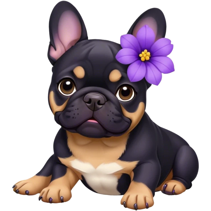 Black and tan French bulldog with purple flower in her ear  emoji