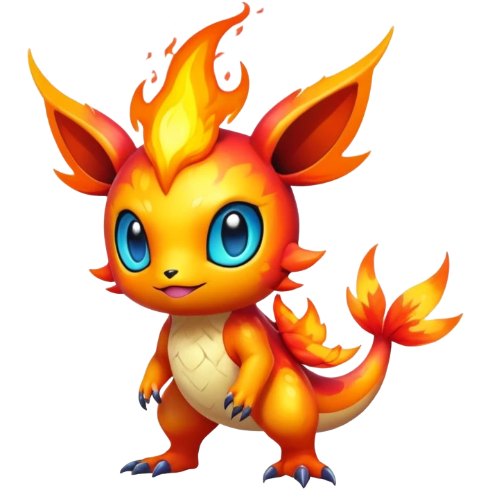 Exotic tropical shiny rare epic cute pyro  Fakémon-creature, full body, with random markings emoji