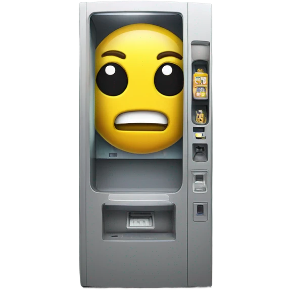 sci-fi concept vending machine, damaged, sentient, confused face emoji
