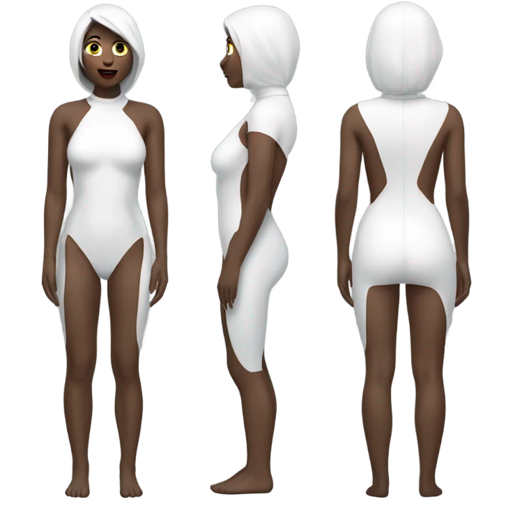 full covered woman in white latex bodysuit front and back zoomed out emoji