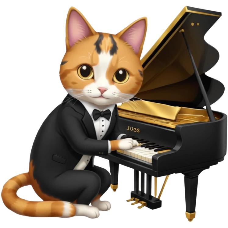 calico cat play gold piano, wear black suit, portrait emoji