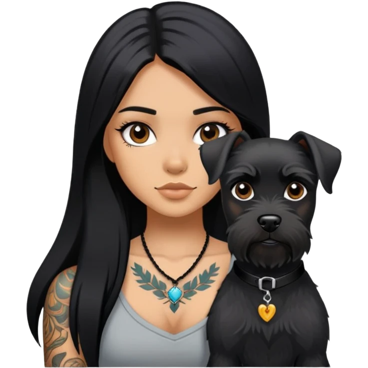 girl with long black straight hair and tattoos and Black Schnauzer emoji